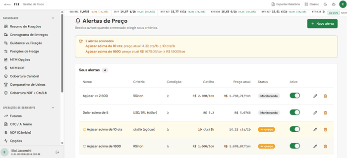 Tela de configuração de alertas de preço no Fix Hedge
