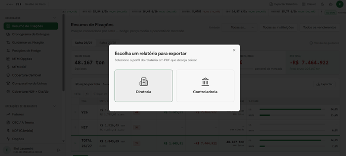 Tela de exportação de relatório do Fix Hedge